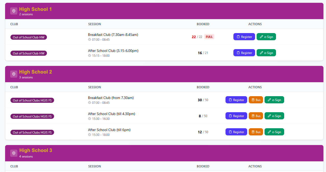 CoB dashboard showing after-school club bookings and bus register controls