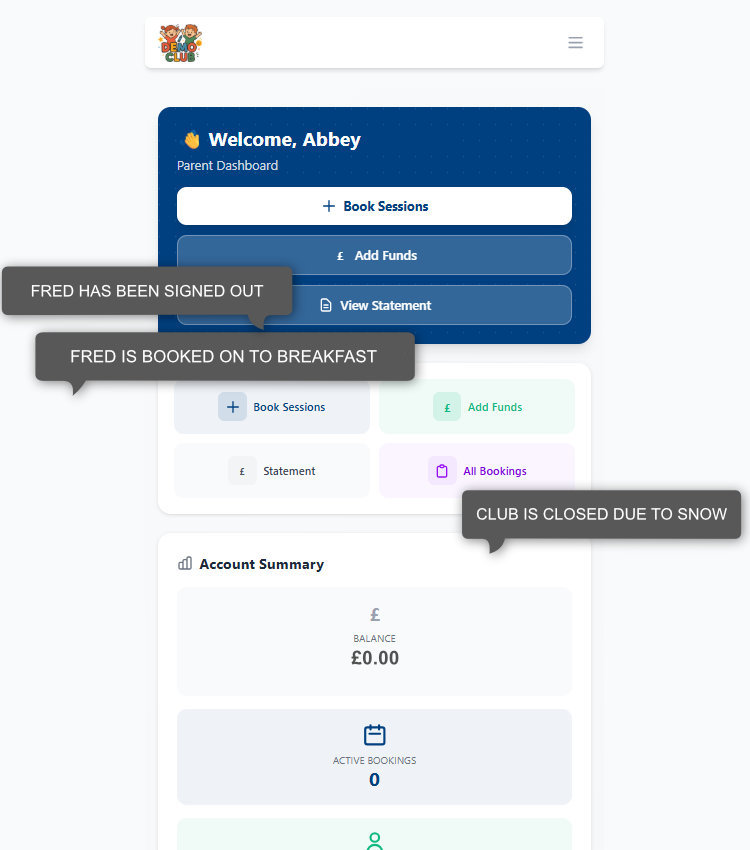 CoB parent app dashboard with booking and sign-out notifications