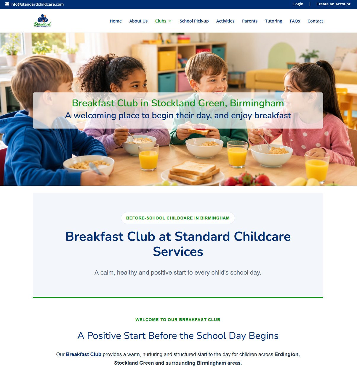 Standard Childcare Services public website using blue and green branding