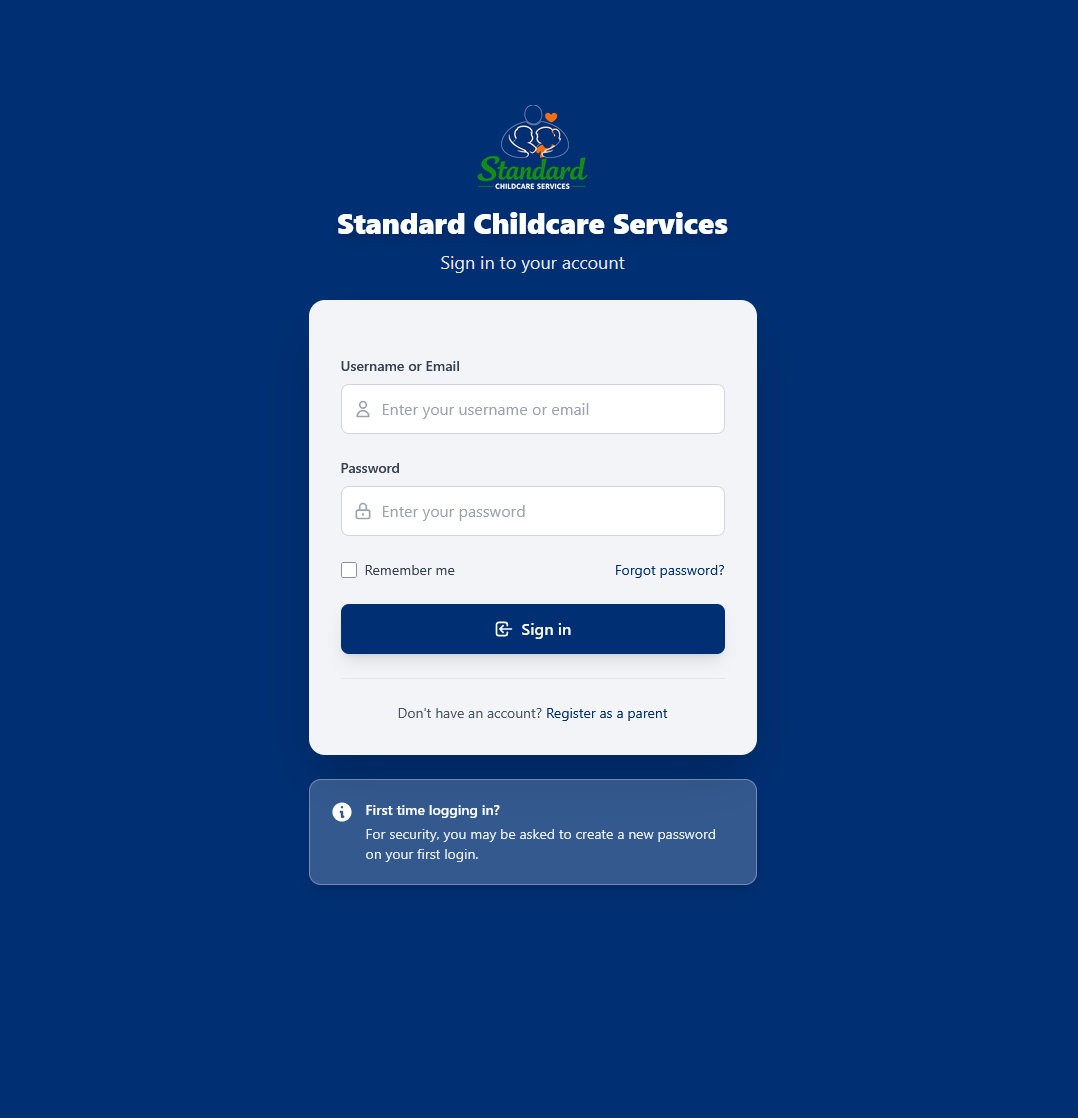 Standard Childcare Services CoB parent login using matching blue and green branding