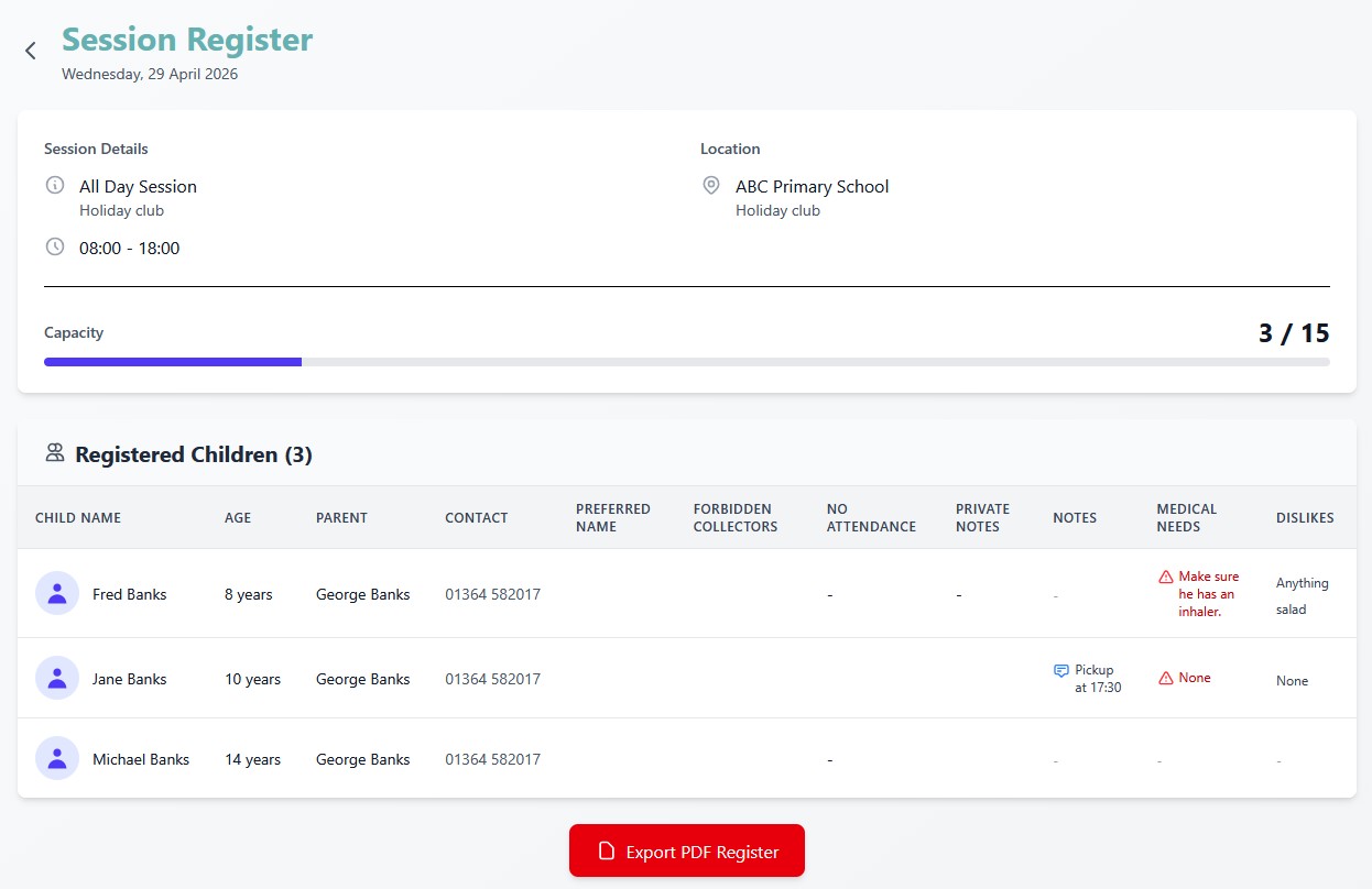 Session register for holiday club.